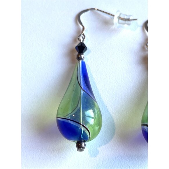 Vintage Murano Style Hand Blown Glass Earrings Blue Yellow Swirl Dangle NEW - Picture 3 of 5